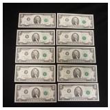 1229	10 TWO DOLLAR BILLS 8 2003A, 2 1976