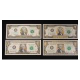 1247	CURRANCY GOUP 2 TWO DOLLAR BILLS 2003A, 2 ONE DOLLAR BILLS 2006 BOTH COLORIZED GILT GOLD