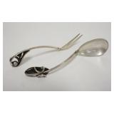 1029	SILVER FORK AND SPOON WITH CURVED LEAF AND BALL HANDLE, TOUCH MARKS, 7 IN LONG