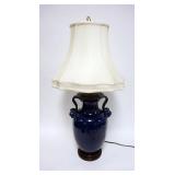 1030	BLUE GLASED POTTERY URN WITH UNUSUAL SCROLLED HANDLES. CRAFTED INTO A TABLE LAMP, 32 IN HIGH
