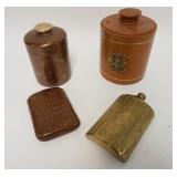 1042	LOT TOBACCO HUMIDOR, LEATHER CIGAR HOLDER AND HIP FLASK, COPPER TOBACCO JAR IS DUNHILL