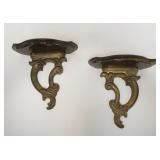 1046	PAIR OF ART NOUVEAU WALNUT AND BRASS WALL SHELVES, 10 IN X 10 IN