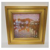 1065	OIL PAINTING ON BOARD SIGNED, ABSTRACT SHORE SCENE, 11 1/2 IN X 11 1/2 IN OVERALL