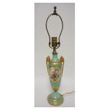 1068	DRESDEN PORCELAIN  URN TABLE LAMP, GILT DECORATED, HAIR LINE AT TOP, 23 IN HIGH