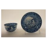 1078	HISTORICAL BLUE HANDLESS CUP & SAUCER, UNDERPLATE 5 3/4 IN , BOWL 2 1/2 IN