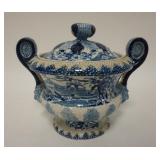 1083	HISTORICAL BLUE STAFFORDSHIRE COVERED SUGAR/SAUCE, CHIPS ON BASE, W/UNUSUAL SCROLLED HANDLES & 