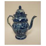 1086	HISTORICAL BLUE STAFFORDSHIRE TALL TEAPOT, CHIPS ON LID, 12 IN