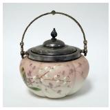 1115	HAND PAINTED VICTORIAN SATIN GLASS BISCUIT JAR W/ QUADROUPLE PLATE COLLAR, LID & BASE