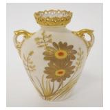 1123	ROYAL WORCESTER HAND PAINTED VASE RETICULATED RIM & GOLD TRIM. 4 7/8 IN H 
