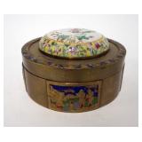 1131	CHINESE CLOISONNE ROUND COVERED BOX WITH PORCELAIN INSET TOP, 3 IN HIGH X 5 1/4 IN ROUND
