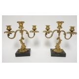 1136	PAIR OF BRASS DOLPHIN CANDELABRA ON MARBLE BASES, 10 1/2 IN HIGH