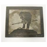 1137	ESKIMO CARVED STONE PLAQUE OF A FISHERMAN WITH A SPEAR, SIGNED DAVID BERNETT, 10 IN X 12 1/4 IN