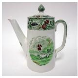 1145	COPELAND SPODE MULTI COLOR HUNT SCENE TEA POT WITH GREEN MARK ON BASE, 8 IN HIGH