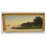1172	ANTIQUE OIL ON CANVAS OF A SHORE SCENE, SIGNED LOWER RIGHT. 60 IN X 26 1/2 IN INCLUDING FRAME