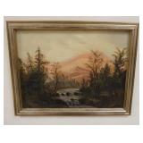 1174	ANTIQUE OIL ON CANVAS OF LANDSCAPE SUNSET W/ MOUNTIAN STREAM. 27 1/2 IN X 21 3/4 IN INCLUDING F