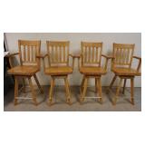 1186	4 SWIVEL BAR ARMCHAIRS W/ BRASS FOOT REST PLANK SEATS 43 1/2 IN HIGH 