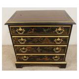 1195	DREXEL DIMINUITIVE PAINT DECORATED 4 DRAWER CHEST. 24 IN W 24 IN H. HAS SOME FINISH WEAR ON THE