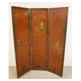 1219	THREE PART FOLDING SCREEN W/ AN ASIAN DESIGN DECORATED ON BOTH SIDES. EACH PANEL IS 16 3/4 IN W