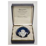 1232	BACCARAT WOODROW WILSON SULPHIDE PAPERWEIGHT ON A BLUE GROUND. W/ ORIGINAL BOX & PAPER WORK 
