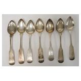 1244	7 C REEVES COIN SILVER TEASPOONS W/ HALLMARKS. 3.61 TROY OUNCES. 6 IN L 