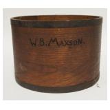 1248	ANTIQUE WOODEN MEASURE HAS MANUFACTURERS & OWNERS NAME. 8 3/4 IN DIAMETER, 7 IN H 