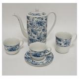 1261	FIVE PIECES OF JOHNSONS BROS BLUE DECORATED CHINA. COFFEE POT IF 9 IN H 