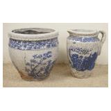 1272	BLUE & WHITE JARDINIERE & PITCHER	BLUE & WHITE JARDINIERE & LARGE PITCHER CRACKLE GLAZE. TALLES