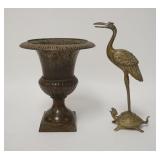 1289	BRASS URN & STATUE	BRASS URN & STATUE OF A CRANE ON A TURTLE. TALLEST IS 10 3/4 IN H 
