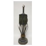 1298	ORNATE MOSTLY IRON LAMP, HAS GREEN GLASS TEXTURED PANELS, 36 IN HIGH