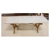 1299	MARBLE TOP BENCH, CAST IRON BASE, 40 IN X 14 IN X 14 1/2 IN HIGH