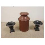 1305	MILK CAN & 2 IRON URNS, CAN IS MARKED JACOB SMITH, 23 1/2 IN HIGH
