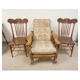 1306	GROUP OF 3 CHAIRS, CLAW FOOT MORRIS CHAIR & 2 OAK PRESS BACK CHAIRS
