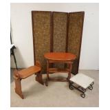 1308	4 PIECE FURNITURE LOT, 3 PART FOLDING SCREEN, VICTORIAN BEDROOM TABLE, MAPLE STAND & IRON BASE 