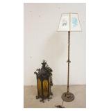 1318	FLOOR LAMP & ORNATE HANGING IRON LIGHT W/AMBER GLASS PANELS, FLOOR LAMP IS 59 IN HIGH