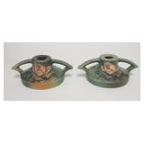 1011	PAIR OF ROSEVILLE MAGNOLIA GREEN CANDLESTICKS, 2 1/2 IN HIGH
