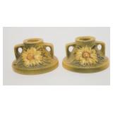 1012	PAIR OF ROSEVILLE YELLOW PEONY CANDLESTICKS, 2 1/4 IN HIGH