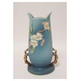 1047	ROSEVILLE APPLE BLOSSOM BLUE VASE, HAS A BASE CHIP COLORED IN, 10 1/2 IN HIGH