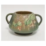 1048	ROSEVILLE FUSCHIA GREEN POT, SMALL BASE CHIP, CRACK IN ONE HANDLE, 4 1/4 IN HIGH