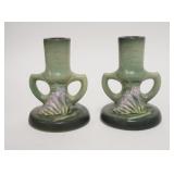 1050	ROSEVILLE PAIR OF FREESIA CANDLESTICKS, GREEN, 5 IN HIGH