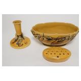 1089	3 PIECE ROSEVILLE LAUREL, 9 1/2 IN OVAL BOWL, FLOWER FROG & CANDLESTICK