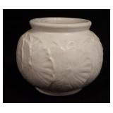1105	WHITE POTTERY POT W/LEAF PATTERN, MARKED 120A, 6 IN HIGH