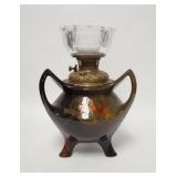 1114	HAND PAINTED ART POTTERY KEROSENE LAMP, 3 FEET & 3 HANDLES, 11 1/2 IN TO TOP OF HANDLES