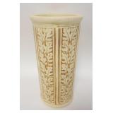 1130	WELLER CYLINDER VASE, LEAF PATTERN ON AN IVORY GROUND, OUTLINED IN BROWN, 10 1/2 IN HIGH