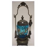 1003	VICTORIAN PICKLE CASTOR W/ CORLINE DECORATION AQUA BABY THUMBPRINT COMPLETE W/ FORK