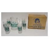 1010	BARLETT COLLINS 7 PIECE *COLOR FARE* ICE TEA SET, IVY PATTERN W/ ORIGINAL BOX. PITCHER IS 9 IN 