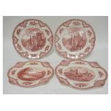 1013	4 JOHNSON BROS RED TRANSFER PLATES. ROUND PLATES ARE 12 IN 