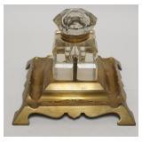 1014	CUT GLASS INKWELL ON ORIGINAL BRASS HOLDER. 6 1/2 IN SQ. 5 1/2 IN H 