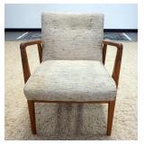 1026	MID CENTURY MODERN UPHOLSTERED ARM CHAIR WITH WALNUT FRAME, UPHOLSTERY HAS STAINING