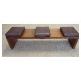 1038	UNUSUAL MID CENTURY MODERN BENCH WITH 3 CUSHIONS ATTACHED AND PULL OUT SURFACES ON FRONT, 60 IN