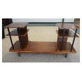 1039	MID CENTURY MODERN 3 PIECE SHELF UNIT ON WALNUT BASE. WALNUT SHELF WITH EBONIZED RAILS, 90 IN X